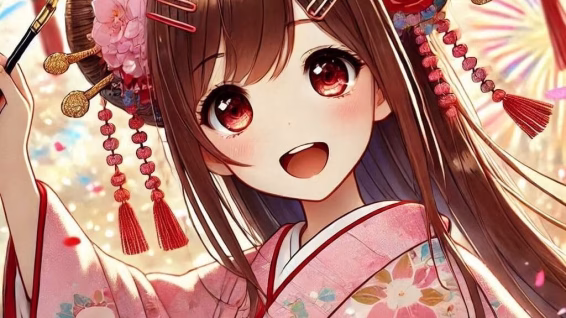 A girl in traditional Japanese clothing with hairpins celebrating New Years 2
